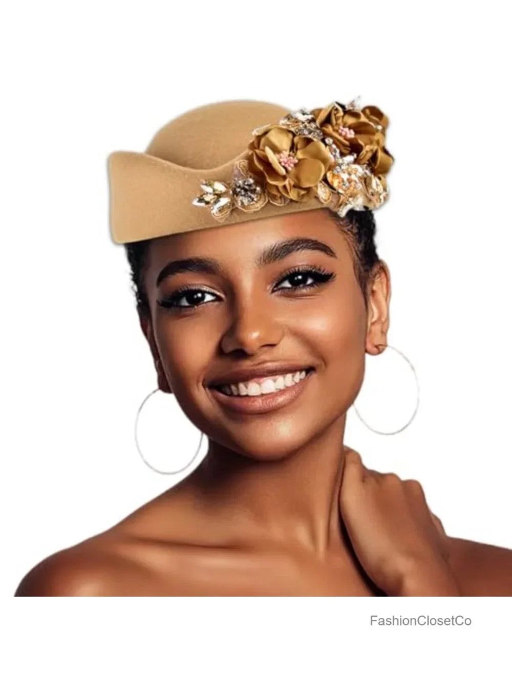 Retro Stewardess Felt Hat Rhinestone Flower Beret Church Derby Hat